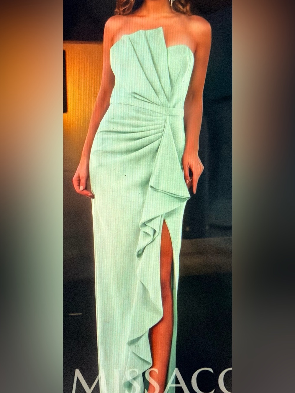 Strapless Mint Ruffle Column Evening Dress